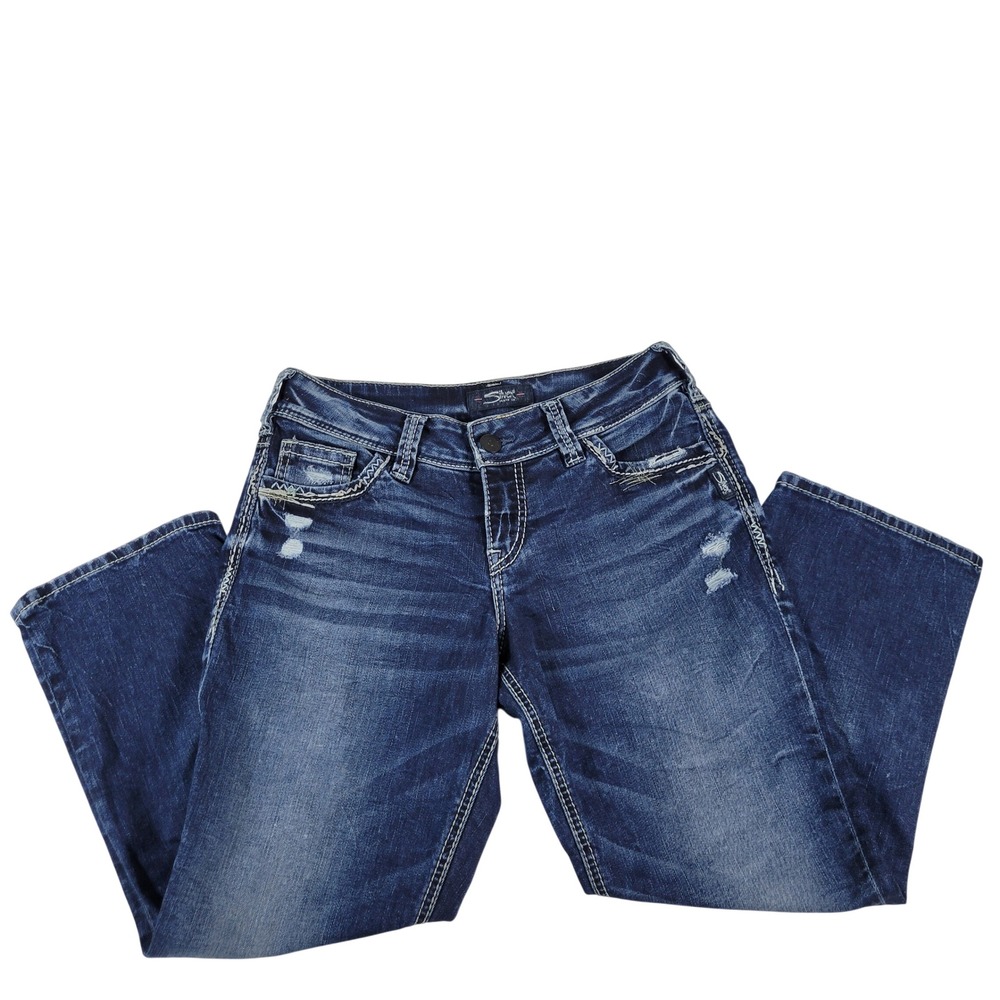 Silver Jeans Co Elyse Mid Capri Jeans‎ W30 L25 Blue Distressed Bootcut